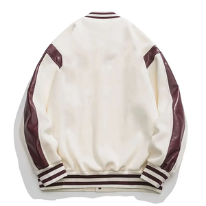 Veste universitaire crème pour homme avec manches en PU bordeaux, rayures, col rabattu, fermeture éclair, vêtement d'automne - Product Image 2