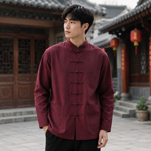 เสื้อแจ็คเก็ตจีนโบราณแบบดั้งเดิมสำหรับผู้ชาย ปกจีน กระดุมแบบกบ แขนยาว สวมใส่สบายๆ สไตล์วัฒนธรรม รับผลิตแบบ OEM แบรนด์ส่วนตัว - Product Image 3