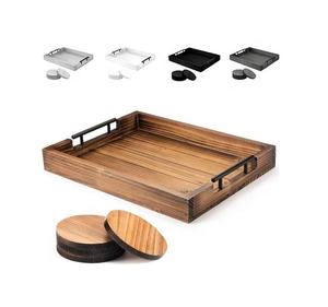Plateau de service en bois écologique de qualité supérieure avec poignée en métal et ensemble de sous-verres, couleur personnalisable, élégant, durable, fait à la main, pour un usage domestique - Product Image 1