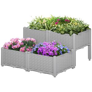 Jardinière surélevée classique grise 4 pièces avec revêtement auto-arrosant émaillé, design carré pour fleurs, herbes et légumes d'extérieur - Product Image 1