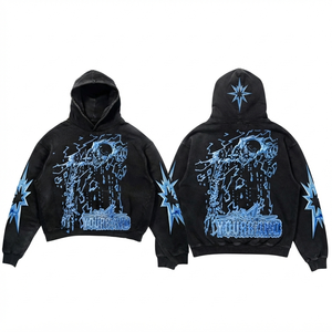 Sudadera con Capucha para Mujer, Lavado Ácido, 420 GSM, Felpa Francesa Gruesa de Algodón y Poliéster, Negra y Azul, Oversize, Bordado Personalizado, Estampado Puff, OEM - Product Image 1