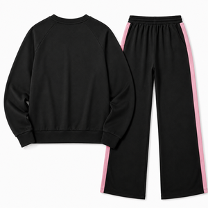 Women Black Tracksuit <b>Set</b> Pink Side Stripe Sweatshirt Wide Leg Pants Casual Athleisure Sportswear 100% Cotton Custom Logo - Product Image 4