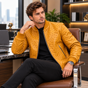 Chaqueta Bomber de Cuero para Hombre con Bolsillos con Cremallera y Cuello Acanalado - Product Image 6