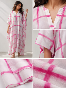 Women <b>Summer</b> Pink Grid Print Cotton <b>Kaftan</b> V Neck Loose Beach Cover Bohemian Maxi Length Kimono Dress Breathable Drawstring - Product Image 6