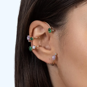 Trendy Gold Plated Cuff <b>Earrings</b> With Emerald And Pink Stones Geometric Design For Women Party Jewelry - Product Image 4