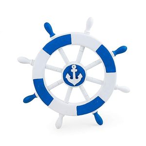 Timón de Barco Decorativo de Madera con Ancla, Decoración Náutica de Pared en Azul Claro y Blanco - Product Image 1