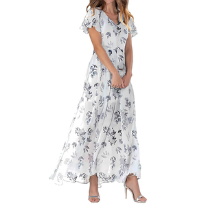 Robe longue trapèze 7112 pour femme, bleu clair, imprimé floral, taille froncée, pour invitée de mariage estival, 100 % polyester, vente en gros - Product Image 2
