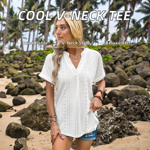 Camiseta de Poliéster para Mujer, Corte Ajustado, para Todas las Temporadas, Casual, con Encaje Floral, Cuello en V, Tejido Texturizado, Manga Corta, Transpirable y Transparente - Product Image 3