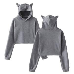 Sweat-shirt court à capuche rose pour femme avec oreilles de chat, tricoté, manches longues, couleurs unies, décontracté, pour l'hiver, vente en gros - Product Image 4