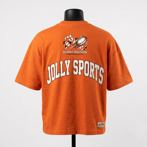 T-shirt en jersey de coton épais 220 GSM pour homme, coupe oversize, style streetwear, imprimé graphique rugby orange avec logo - Product Image 6