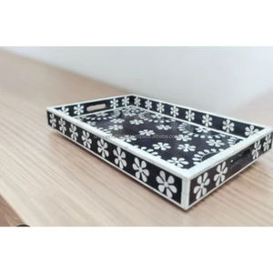 Plateau de service rectangulaire en incrustation d'os géométrique noir et blanc, plateau décoratif fait à la main, base en bois de luxe, design artisanal, décoration d'intérieur - Product Image 6