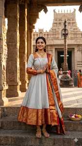 Women Ethnic Wear Traditional <b>Indian</b> Kanchi Cotton Kurtis Green With Orange Border Floor Length Wedding Wear Regular Fit - Product Image 4