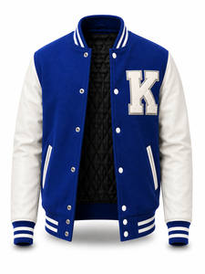 Blouson universitaire unisexe bleu avec manches blanches, broderie lettre K, patchwork frontal, col rabattable, streetwear décontracté d'hiver - Product Image 2