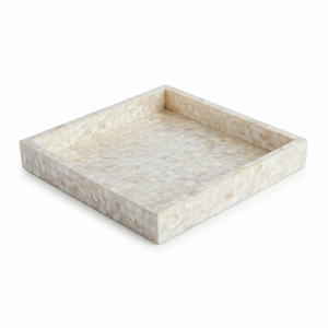 Plateau carré en nacre, fait main, mosaïque MOP, plateau de service blanc crème, incrustation de coquillages, plateau décoratif pour table basse - Product Image 1