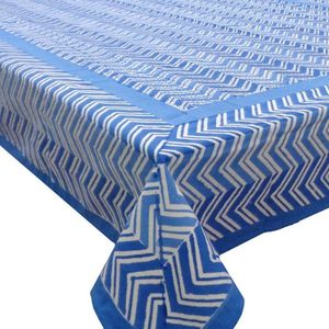 Chevron Blue Hand Block Printed <b>Tablecloth</b> 180x270cm Handmade Designer 100% Cotton Dining Table Cover Home Decor Style - Product Image 1