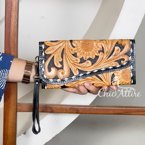 Cartera de mano larga de piel auténtica con diseño de girasol, superventas, para mujer, con tarjetero y monedero, ideal para la noche. - Product Image 1
