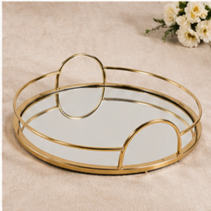 Round Brass <b>Storage</b> Tray With Mirror Insert Modern Design Durable Indoor <b>Tabletop</b> Accessory Living Room Decor - Product Image 2