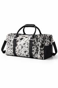 Oval Duffle Bag Cowhide Leather Brown White Unisex Travel Shoulder Strap Zipper Closure Lightweight Eco-Friendly Utility Pocket - Product Image 4