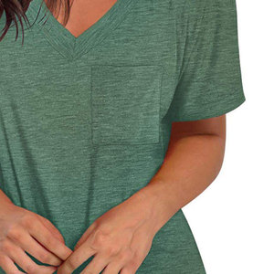 Camiseta de Manga Corta con Cuello en V para Mujer, 100% Algodón, Transpirable, Verde Sólido, Corte Regular, Informal, con Bolsillo, para Primavera y Verano - Product Image 3