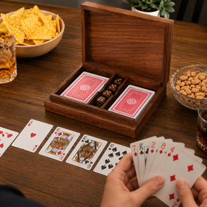 Wooden <b>Playing</b> <b>Card</b> & Dice Storage Box | Handcrafted Indian Rosewood 2 Deck <b>Card</b> Holder | 5 Wooden Dice Game Case Premium Box - Product Image 2