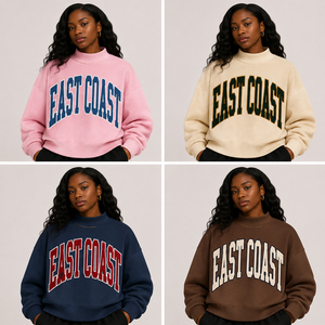 Sudadera de Cuello Redondo de Alta Calidad Estilo East Coast para Mujer, Talla Grande, Color Azul Marino con Letras Rojas Estampadas, Tejido de Algodón, Ropa Casual de Otoño - Product Image 3