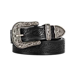 2026 Wholesale Western <b>Belt</b> Black Floral Tooled Leather <b>Belt</b> for Men & Women with Antique <b>Silver</b> Engraved Pin <b>Buckle</b> Cowboy - Product Image 1