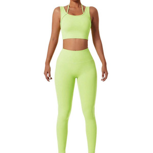 Ensemble de yoga 3 pièces uni, col rond, dos nageur, taille haute, sans couture, crop top, short, respirant, nylon/spandex/polyester, toutes saisons - Product Image 1