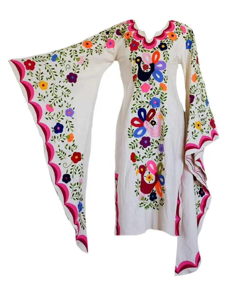 Robe caftan à manches longues papillons, mi-longue, motif Floral brodé à la main, motif d'oiseaux colorés, bras évasés, nouvelle collection été