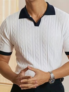 Camiseta de Punto Jacquard con Cuello en Contraste para Hombre, Manga Corta, Texturizada, Casual, Transpirable, Suave, Ecológica, para Verano - Product Image 2