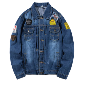 Blouson en jean pour homme, délavé, col montant, motifs patchwork, fermeture éclair, coupe classique, hiver, imperméable, matelassé, 100% coton, vêtement de travail - Product Image 4