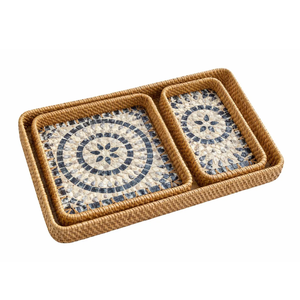Set 3 Rectangle Rattan Mother Of Pearl Serving Tray Vietnam Manufacture Mosaic Pattern Decorative Home <b>Coffee</b> Plates Wholesale - Product Image 1