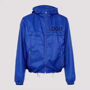 Chaqueta Cortavientos Impermeable con Capucha para Hombre, Color Azul Sólido, Lona de Poliéster, Cierre Frontal con Cremallera, Estilo Casual Deportivo Otoñal, con Bordado - Product Image 1