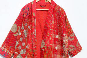 Robe de bain en patchwork faite à la main, vêtement de nuit, robe longue en coton, veste Kantha avec ceinture, longueur longue, automne-hiver - Product Image 4