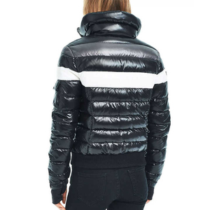 Women's Black Quilted Winter Jacket With White Color <b>Block</b> Hooded Full Sleeve Thick Polyester Wadding Windproof Zipper Closure - Product Image 3