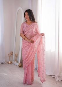New Designer Summer Collection Indian Sarees with Heavy Real <b>Beads</b> Moti & <b>Threads</b> Work and Blouse for Parties and Wedding Wear - Product Image 4
