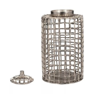 Midnight Muse Industrial <b>Metal</b> Tabletop Vase Handmade <b>Grid</b> Design Silver Finish - Product Image 2