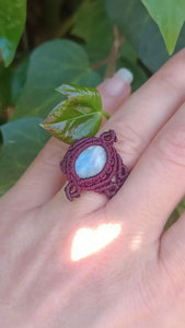 Rainbow Moonstone Macrame <b>Ring</b> Handmade Adjustable Burgundy Cord Boho Gemstone <b>Statement</b> <b>Ring</b> for Women - Product Image 2