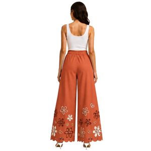 Pantalon palazzo large en terre cuite brodé pour femme, motif floral ajouré, taille haute, décontracté, en coton, vêtements personnalisés OEM - Product Image 2