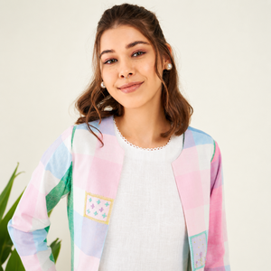 Women's Casual Two <b>Piece</b> Dress <b>Set</b> with <b>White</b> Sleeveless Dress and Pastel Check Long Jacket Custom Clothing - Product Image 6