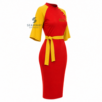 NSPDK Robe midi moulante pour femme, rouge et or, à blocs de couleurs contrastées, avec manches cape, détails boutonnés et ceinture à nouer à la taille, style décontracté