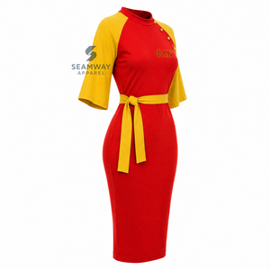 NSPDK Vestido midi ajustado de color rojo y dorado con bloques de color en contraste para mujer, vestido informal ajustado con detalle de botones y lazo en la cintura - Product Image 3