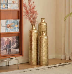 Lot de 3 Vases de Table en Métal Doré Antique, Style Art Déco, Haute Texture, Écologiques, Faits Main, Bouteilles Décoratives pour Salon - Product Image 1