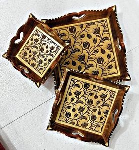 Handmade <b>Square</b> Contemporary Floral Wood Decorative Tray with Bone Inlay Carved Serving Platter for Home Wedding Table - Product Image 1
