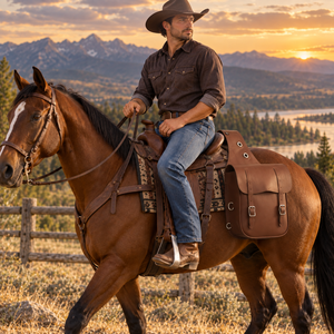 Sacoche de selle en cuir marron de qualité supérieure |   Pochette de rangement pour selle de cheval western avec deux compartiments latéraux et sangles à boucle pour l'équitation - Product Image 3