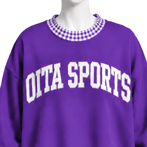 Sweat-shirt violet oversize à col rond pour homme avec bordure à carreaux vichy, manches longues, pull décontracté, mode streetwear, haut de sport athlétique - Product Image 3