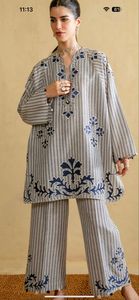 Women's Striped Embroidered Cotton Bohemian 2-Piece Set Long Sleeve V-Neck Top Loose Fit Ankle Length <b>Pants</b> Full Sleeve - Product Image 2