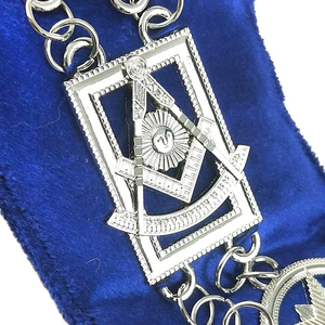 Custom Blue Masonic Collar With Silver Star Medallions And Rhinestone Embellishments Classical Design Safety <b>Pin</b> Attachment - Product Image 5