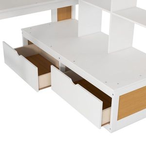 Lit mezzanine moderne pleine grandeur avec bureau, étagères, rangement et escalier, taille Queen, blanc et bois naturel - Product Image 4