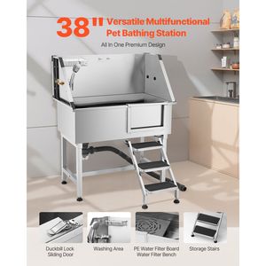 Stazione di lavaggio per cani da esterno in acciaio inossidabile da 38 pollici con rubinetto caldo/freddo e soffione doccia - Product Image 2