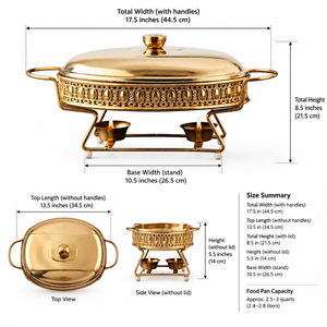 Plat à chafing dish ovale doré élégant avec bord à motif en relief, support pour bougie et plat en acier inoxydable pour usage domestique et hôtelier - Product Image 5